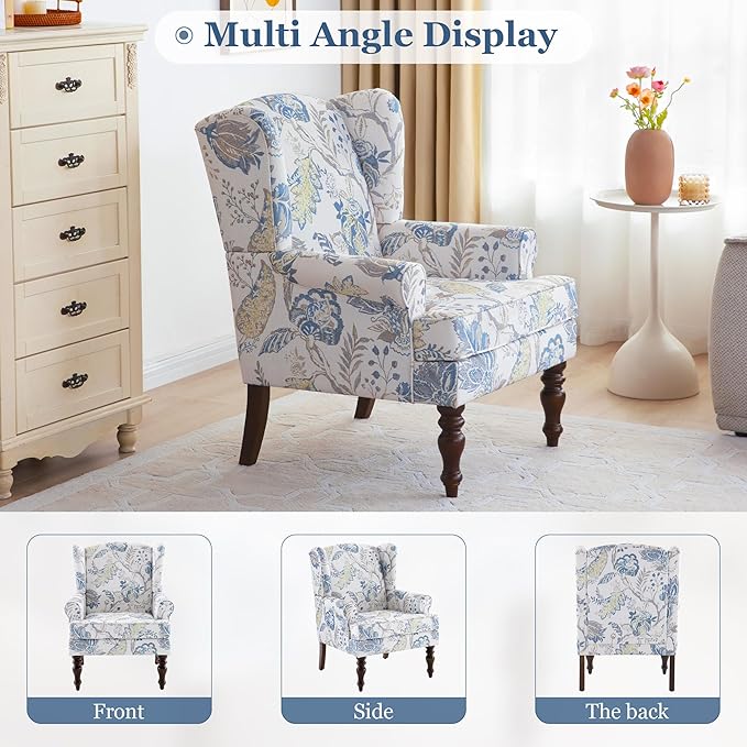 HUIMO Living Room Chair Upholstered High Back Armchair Retro Printed Wingback Chair in Linen for Bedroom & Study Comfy Accent Sofa Chair Reading Chair Holds 300lbs (Navy Blue) (2, Blue Floral-2PCS)