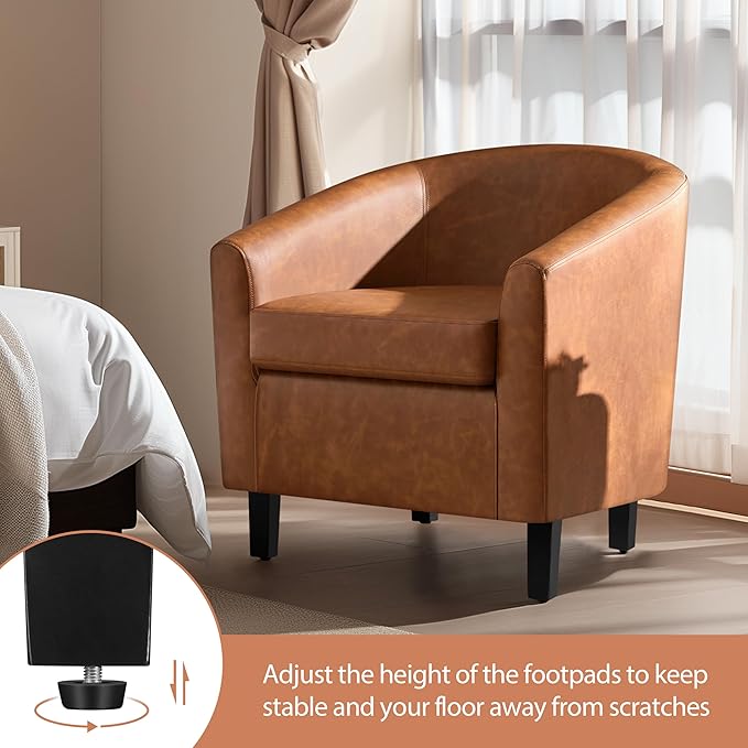 Yaheetech Brown Accent Chairs Set of 2, Faux Leather Barrel Chairs, Comfy Modern Leather Club Armchairs with Soft Seat for Living Room Bedroom Reading Waiting Room, Brown