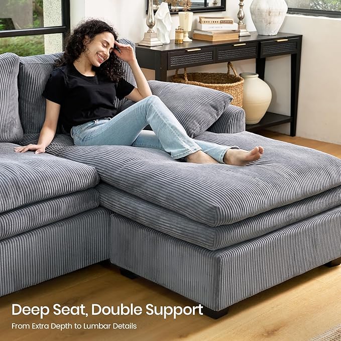 Belffin Large Modular Sectional Sofa with Double Deep Chaise, 135" Corduroy U Shaped Sectional Couch with 9" Soft Dual-Layer 6 Seats U Shaped Couch for Living Room, Apartment, Light Grey