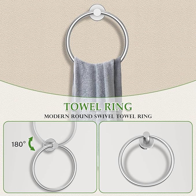 10-Piece Towel Bar Set Brushed Nickel Bathroom Hardware Accessories Set Includes 23.6in Towel Bar Round Towel Ring TP Holder and Hooks Stainless Steel Wall-Mounted Towel Racks Set for Bathroom
