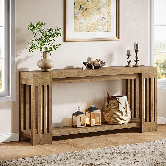 Tribesigns Farmhouse Console Table, 70.9-Inch Sofa Table Behind Couch with Vertical Stripe Legs, 2-Tier Entryway Accent Furniture for Living Room, Hallway, Entrance, Foyer, Light Brown