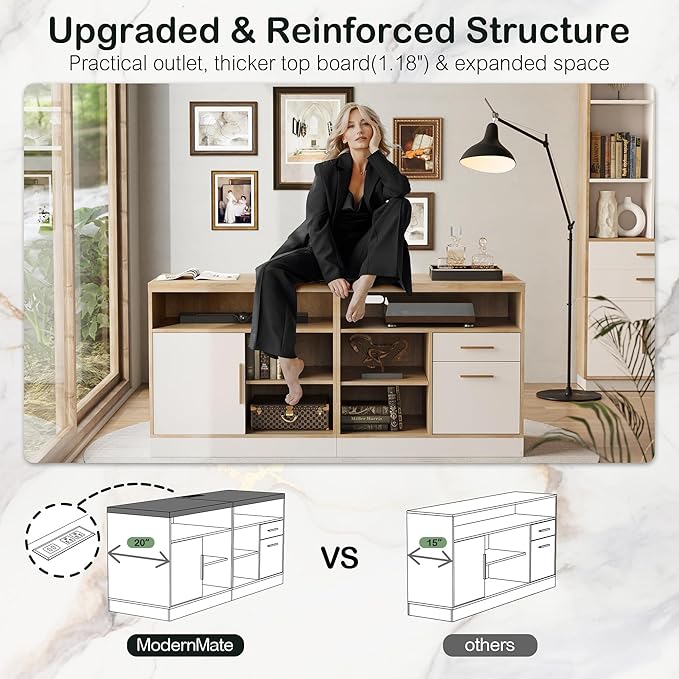 67" Standing Desk with 2 File Cabinets, AC/USB, 1.18" Desktop, L Shaped Height Adjustable Electric Stand Up Desk, Multiple Functions for Home and Office, Light Walnut