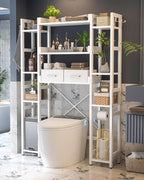 Over The Toilet Storage with 2 Drawers - 11 Tier Bathroom Organizer Freestanding Space Saver Storage Rack with Adjustable Shelf Above Toilet Stand with 4 Hooks for Restroom, Laundry, White