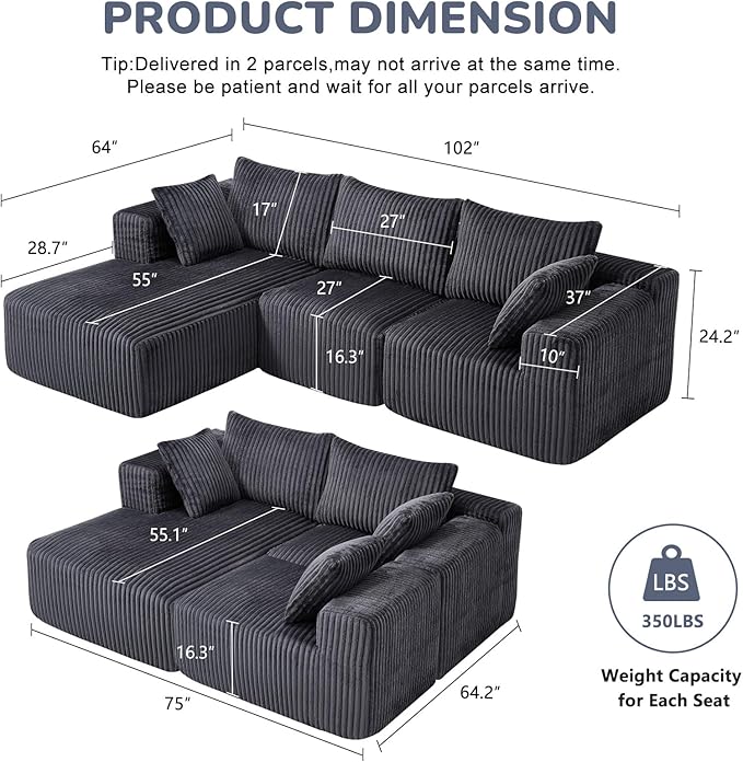 102" Modern Modular Sectional Sofa,Cloud Sectional Couch with Chaise,Deep Seat Boneless Sofa,Comfy Upholstered L-Shape Couch for Living Room,No Assembly Required,Grey