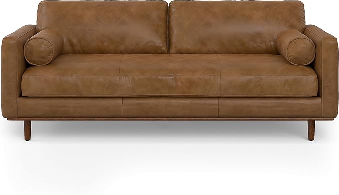 SIMPLIHOME Morrison Mid-Century Modern 89 inch Wide Sofa with Ottoman Set in Caramel Brown Genuine Leather for the Living Room and Family Room