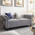 Chesterfield Loveseat Sofa, Modern Velvet Small Sofa Couch 2 Seater with Rolled Arms and Nailhead, Mid Century Modern Loveseat Couch for Small Spaces Living Room Bedroom Apartment, Grey