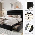 Allewie Modern King Size Platform Bed Frame with 4 Storage Drawers and Velvet Upholstered Headboard, Wooden Slats Support, Upholstered Mattress Foundation/No Box Spring Needed/Easy Assembly, Black