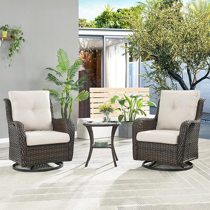 HUMMUH 5 Piece Outdoor Patio Furniture Set Wicker Conversation Bistro Set Swivel Rocking Chairs with Side Table and Ottomans for Backyard, Porch, Balcony