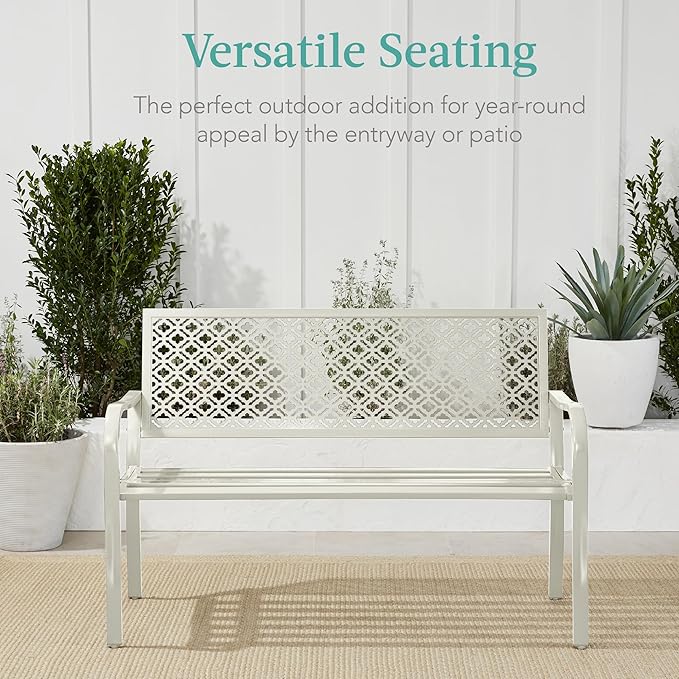 Best Choice Products Outdoor Bench 2-Person Metal Steel Benches Furniture for Garden, Patio, Porch, Entryway w/Geometric Backrest, 790lb Capacity - Ivory