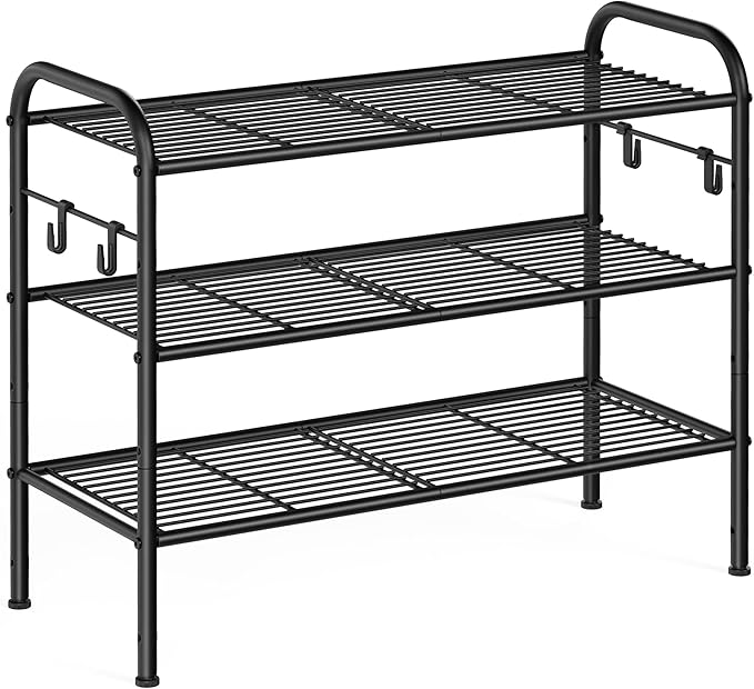 SONGMICS Shoe Rack, 3-Tier Shoe Organizer, Metal Shoe Shelf Storage with 4 Side Hooks, Holds 12 Pairs of Shoes, Height-Adjustable Shoe Rack for Entryway, Hallway, Closet, Easy Assembly, Ink Black