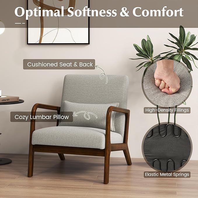 KOMFOTT Mid-Century Modern Accent Chair, Indoor Living Room Leisure Chair with Cushioned Seat & Back, Upholstered Armchair with Rubber Wood Frame & Lumbar Pillow, Lounge Chair for Bedroom, Grey