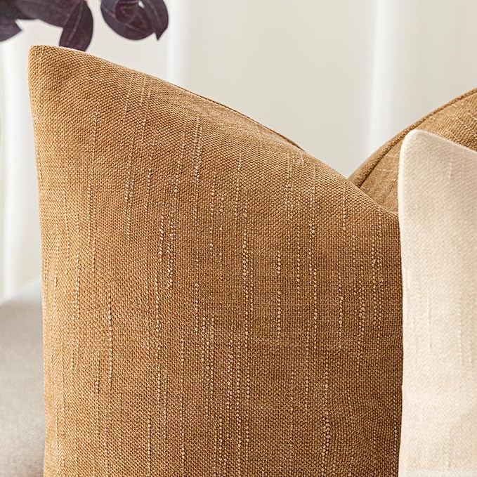 Foindtower Set of 2 Soft Textured Chenille Throw Decorative Pillow Covers Square Accent Solid Cushion Cover Neutral Farmhouse Pillow Case for Couch Sofa Bedroom Living Room 18x18 Inch,Golden Brown