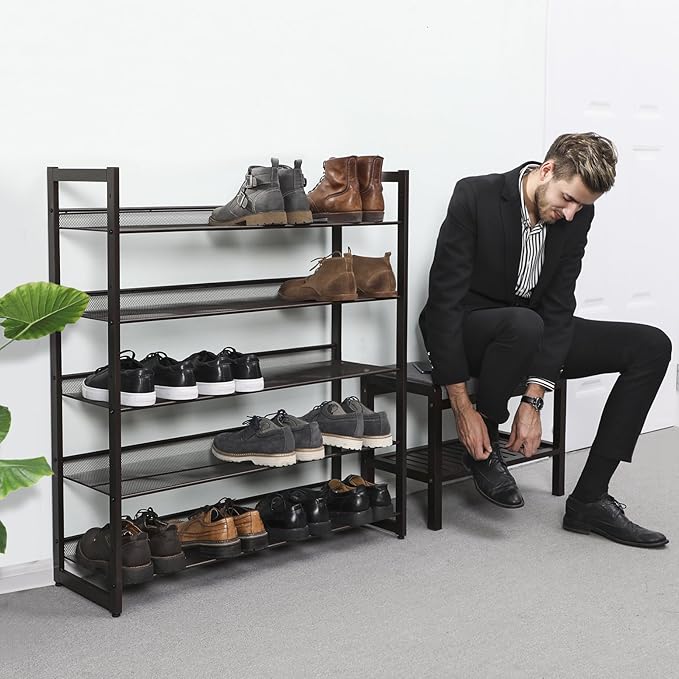 SONGMICS Shoe Rack, 5-Tier Shoe Organizer, Metal Shoe Storage for Garage, Stackable Shoe Shelf, with Adjustable Flat or Angled Shelves, 20-25 Pairs, Bronze ULMR05A