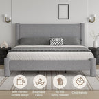 King Size Bed Frame, Boucle Upholstered Platform Bed with Headboard and Footboard, Soft Rounded Corners, No Box Spring Required, Easy Assembly, Light Grey