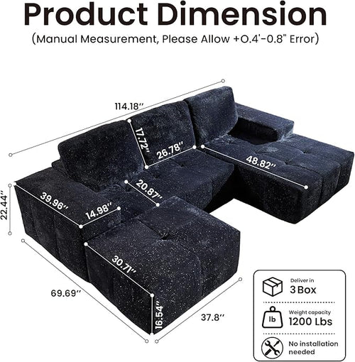 114" Glitter Cloud Sectional Couch with L-Shape Chaise & Ottoman, Modern Boneless Couches for Living Room, Fluffy Tufted Deep Seat Modular Sofa No Assembly (Blue Sparkly Velvet,Right Facing)