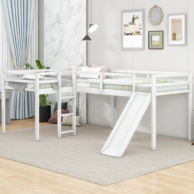 L-Shaped Twin Size Loft Bed with Ladder and Slide,Solid Wood Structure Bed Frame,w/Safety Guardrail & Slat Supports,Space Saving,Easy to Assemble,for Kids,Teens,Girls & Boys,White