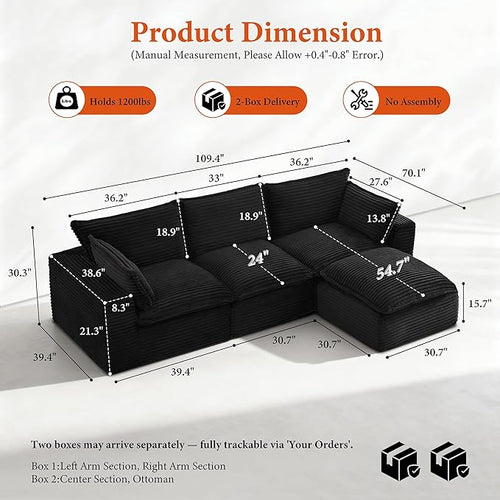 108" Sectional Couches for Living Room Boneless Couch Upholstered Cloud Couch Sectional Modular Sectional Sofa with L Shaped (Corduroy-Black, 3 Seat+1 Ottoman)