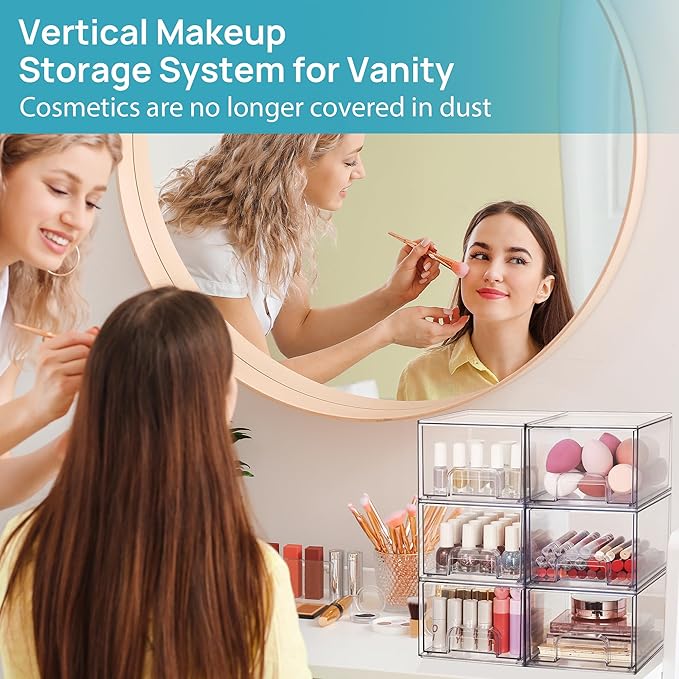 Vtopmart 12 Pack Small Clear Stackable Storage Drawers,Acrylic Bathroom Makeup Organizer,Plastic Storage Bins For Vanity, Undersink, Kitchen Cabinets, Pantry, Home Organization