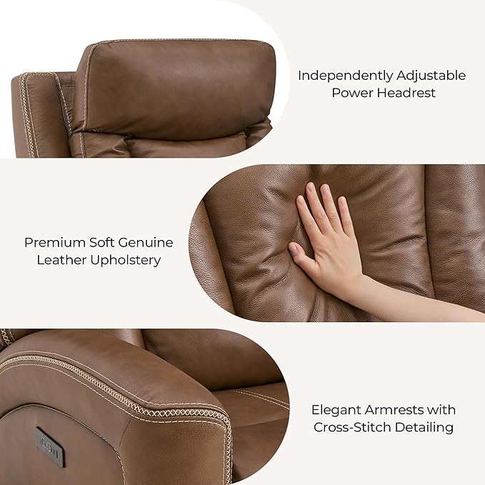 CHITA Genuine Leather Power Recliner Chair for Adults, Super Zero Gravity Recliner with Adjustable Power Headrest & USB/Type-C Ports, for Living Room, Bedroom & Home Theater, Cafe Brown
