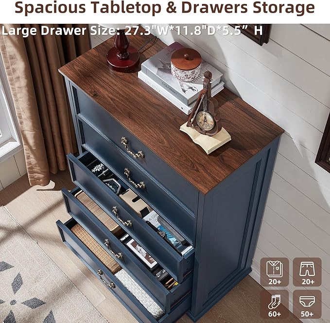 Bedroom Dresser Sets, 54" Wide 7 Drawers Dresser and 45" Tall 5 Drawers Dresser, Wooden 2 Piece Bedroom Furniture Set, Chest of Drawer for Bedroom, Home, Living Room, Hallway, Navy Blue