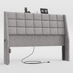 Ergonomic Upholstered Headboard Queen Size w/Charging Station, Linen Wingback Headboards w/Storage Pocket, Queen Headboard Only, Bed Frame Adapters, Sturdy Stable Solid Wood Bed Head Board, Light Grey