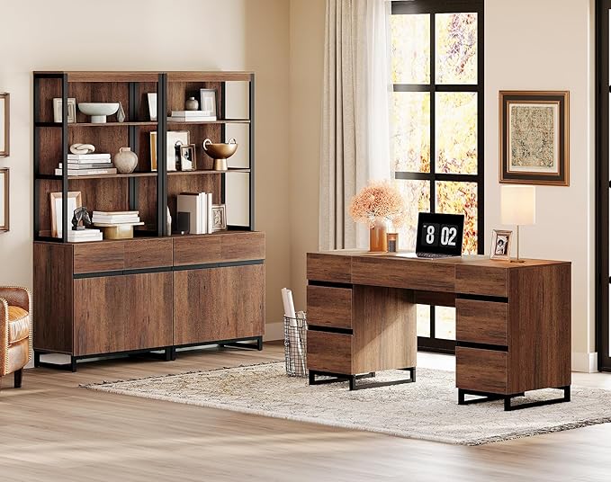 WAMPAT 59" Modern Executive Desk with Drawers, Wood Computer Writing Desk with Charging Station, Home Office Desk with File Drawer, Study Table for Bedroom, Living Room, Home Office, Rustic Brown