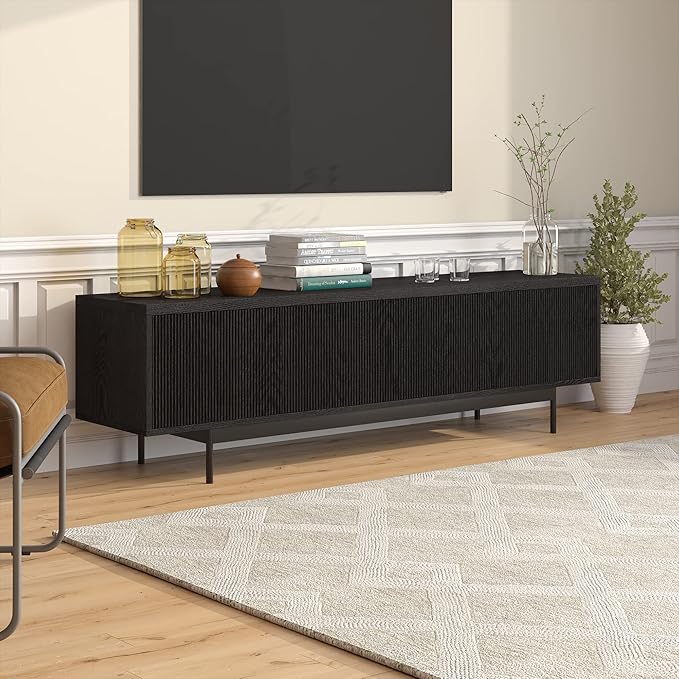 Henn&Hart Rectangular TV Stand for TV's up to 75" in Natural Black, for Home, Living Room, Bedroom, Entertainment Room, Office