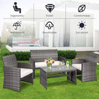 COSTWAY Patio Furniture Set 4 Pieces, Outdoor Wicker Chairs Sofa w/Coffee Table and Soft Cushions, Rattan Conversation Sets for Patio Lawn Backyard Yard Pool Garden, White