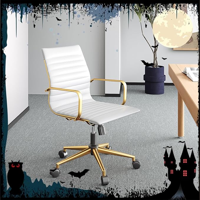COROCC Office Desk Chair Modern Conference Room Task Chairs Leather Computer Swivel Excutive Ribbed Ergonomic Rolling Chair for Bed Room White and Gold Chair