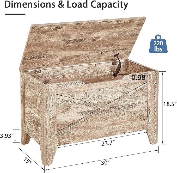 VECELO 30" Storage Bench, Entryway Shoe Ottoman, Farmhouse Style Bench with Handwoven Cushion and Metal Safety Hinges, for Bedroom, Living Room, Entryway, Wood