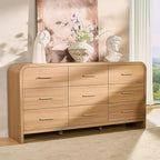 Curved 9-Drawer Dresser for Bedroom, 63" Wide Modern Chest of Drawers, Vanity Desk TV Stand for Living Room, Closet Storage Drawers Organizer Furniture, Nursery, Hallway, Oak