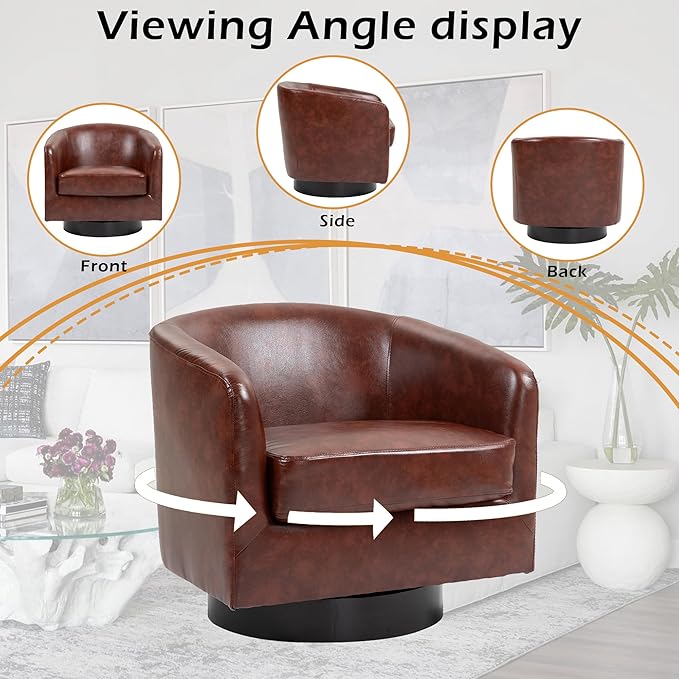 Lumibee Swivel Accent Chairs Set of 2, Faux Leather Swivel Barrel Chairs for Living Room, Modern Comfy Upholstered Round Armchairs Single Sofa Chairs for Bedroom, Club-Red Brown