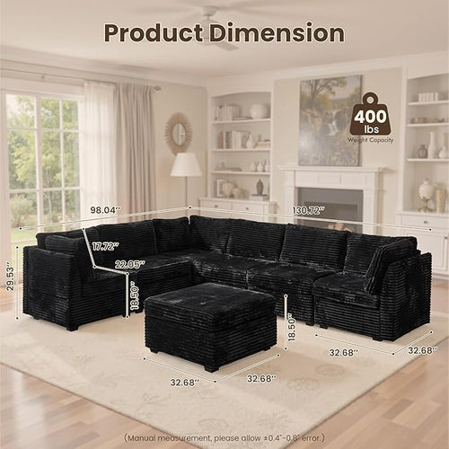 130'' Modern Modular Sectional Sofa with Ottoman, 7 Pieces L Shaped Cloud Couch for Living Room, Oversized Deep Seat Convertible Sofa Set, Plush Corduroy Black