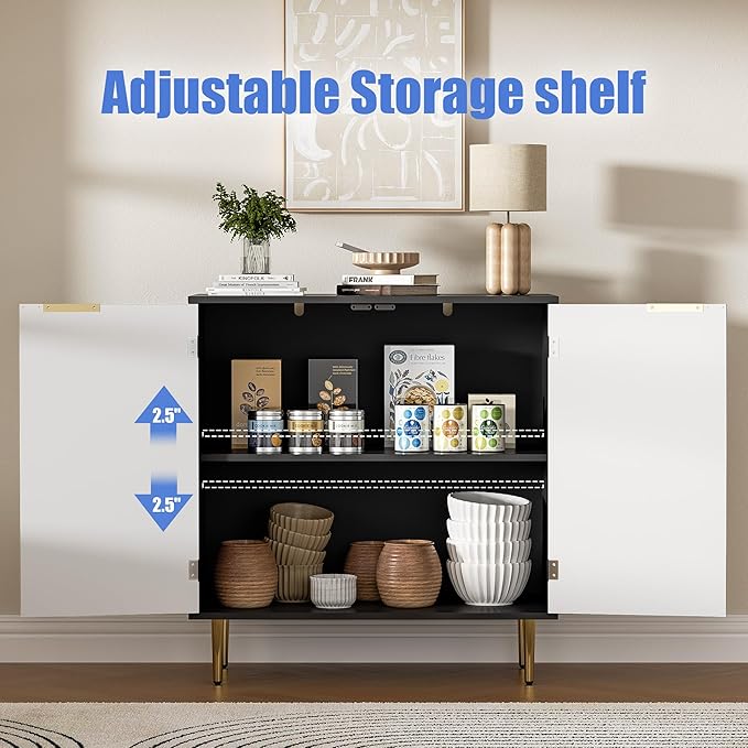 Buffet Sideboard Cabinet with 2 Doors, Modern Kitchen Cabinet with Golden Handles & Legs, Adjustable Shelf, Accent Coffee Bar Storage Sideboard for Kitchen, Living Room, Black & White