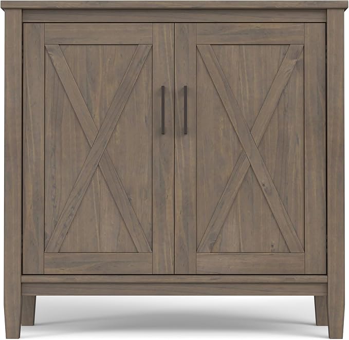 SIMPLIHOME Ela Solid Wood 32 inch Wide Transitional Low Storage Cabinet in Smoky Brown for The Living Room, Entryway and Family Room
