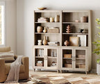 WAMPAT 5 Tier Bookshelf 72" Tall Bookcase with Glass Doors,Large Farmhouse Display Book Shelf with Adjustable Shelves and Storage Cabinet，Library Wood Bookshelves for Living Room,Kitchen, Light Oak