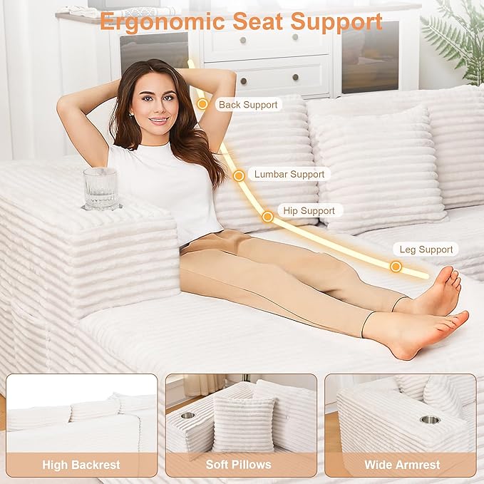 Modular Sectional Sofa, L Shaped Comfy Cloud Couch with Deep Seat, Boneless Couch for Living Room, Modern Sectional Sleeper with Chaise, No Assembly Required, Sofa in A Box, Beige Corduroy