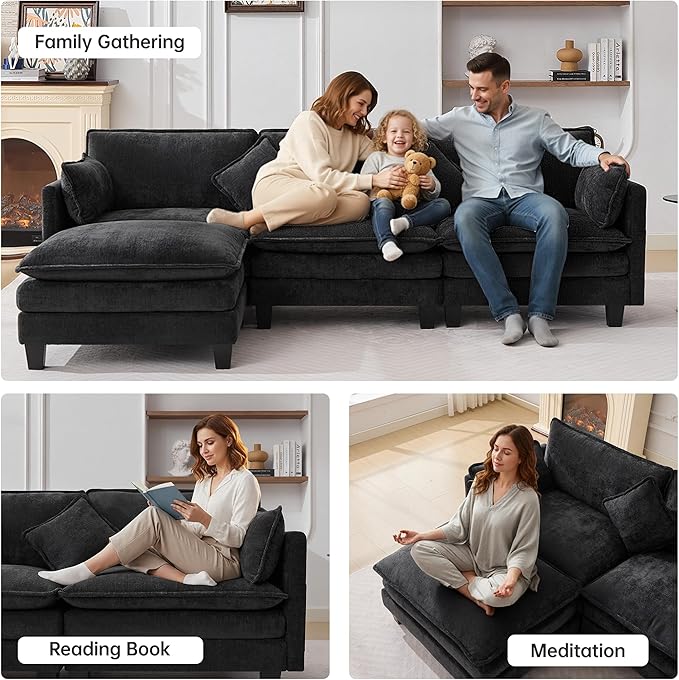 108" Modern L-Shaped Sectional Sofa with USB & Type-c Port Charger, Modular Cloud Couch, Deep Seating Chenille Fabric 4-Seater with Ottoman and Pillows for Living Room (Black)