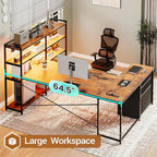 Sedeta L Shaped Desk with Storage Shelves, 64.5'' Reversible U Shaped Office Desk with 3 Fabric Drawers, Gaming Desk with Power Outlet & LED Strip, Rustic Brown