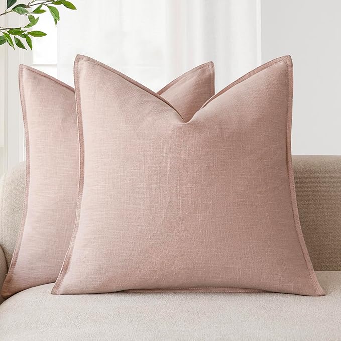 Foindtower Pack of 2, Decorative Linen Solid Throw Pillow Covers Soft Accent Cushion Case Boho Farmhouse Pillowcase for Chair Couch Sofa Bedroom Living Room Home Decor 18 x 18 Inch Light Pink