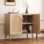 Rattan Storage Cabinet, 2-Door Boho Sideboard in Oak, Adjustable Shelf, Elegant Rattan Buffet Cabinet with Storage for Stylish Home Organization 31.5" Oak