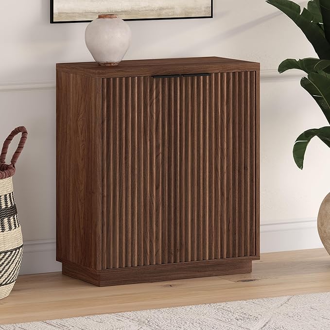 Henn&Hart 28" Fluted Wooden Accent Cabinet, Modern Ribbed Sideboard Buffet Cabinet with 2 Doors and an Adjustable Shelf for Living Room, Dining Room, Bedroom or Entryway, Satin Walnut