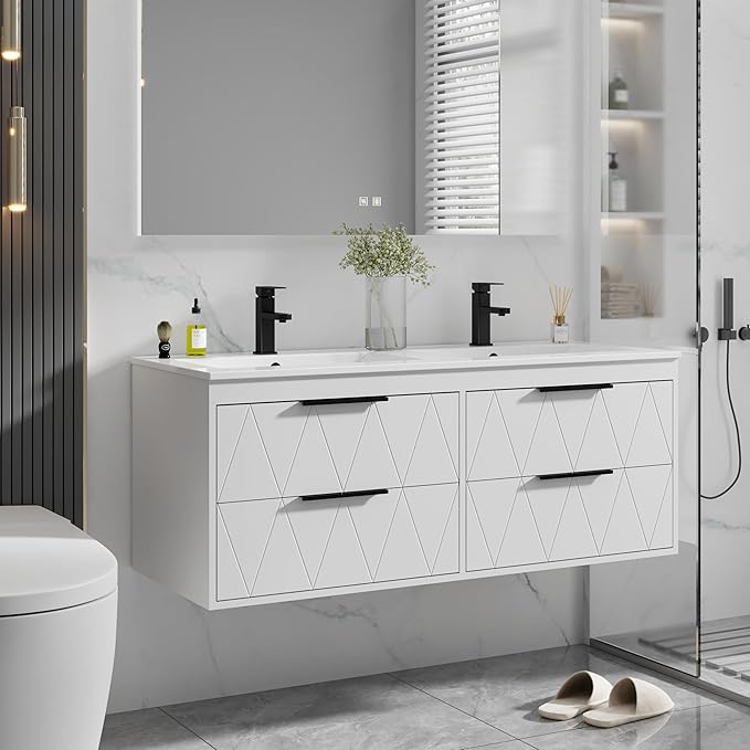eclife 48" Bathroom Vanities Cabinet with Sink Combo, Wall Mounted Floating Cabinet W/Decor Line, Soft-Close System, 4 Extra Big Drawers, Matte Black Faucet, White