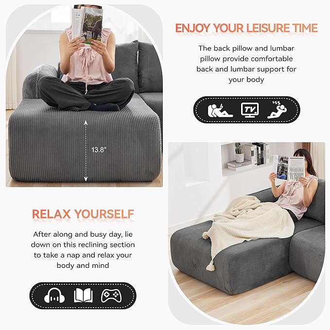 103'' Boneless Corduroy L Shaped Couch, 3 Seat Modular Sectional Deep Seat Sofa with Chaise Lounge, No Assembly Cloud Lounge Sleeper Sofa, Grey