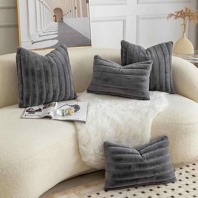 Pack of 2 Faux Fur Throw Pillow Covers 16x16 Inch Striped Decorative Soft Plush Couch Pillow Case Home Decor for Bed, Sofa, Living Room Darkgrey