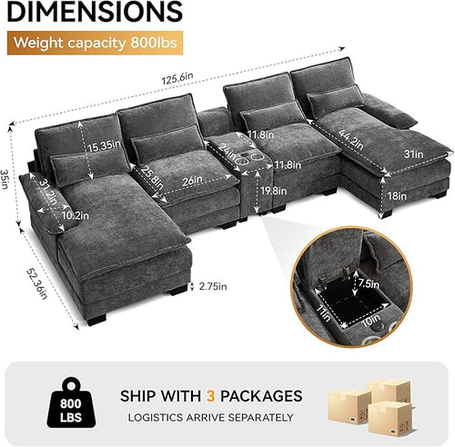 125'' U Shaped Cloud Modular Sofa with Chaise Lounges, Chenille Upholstered Comfy Sectional Couch with Storage Console, USB Charging Ports & Cup Holders, Modern Deep Seat Sofa for Living Room, Grey
