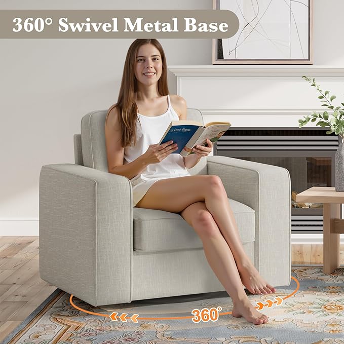 Swivel Accent Sofa Chair Set of 4, Modern Comfy Oversized Upholstered Cushion Back Armchair in Linen 1pcs for Living Room, Bedroom, Reading Room(Khaki)