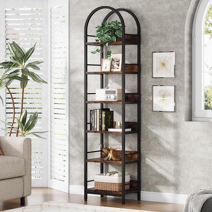 Tribesigns 6-Tier Open Bookshelf, 78.7" Tall Arched Bookcase Narrow Bookshelf with Metal Frame, Freestanding Corner Bookcase Display Shelves for Living Room, Home Office, Rustic Brown
