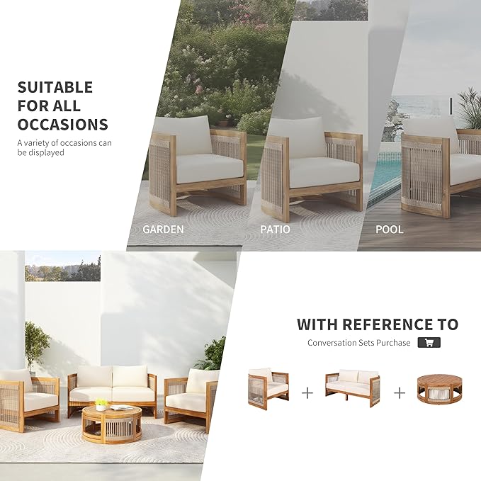 Christopher Knight Home Nesbit 4 Pieces Conversation Set, Acacia Wood Chat Set, Woven Rope Loveseat and Accent Chairs, Slat Panel Coffee Table, Patio Furniture Set for Backyard Balcony Garden, Beige