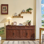 63" Buffet Sideboard Cabinet with 4 Doors and 3 Drawers, Modern Farmhouse Kitchen Storage Cabinet, Coffee Bar Cabinet with Adjustable Shelves, Kitchen Living Room Storage, Dining Room Cherry